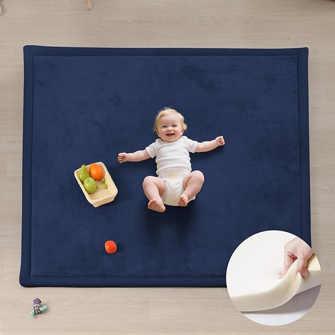 Baby Play Mat for Floor, 1.3"Thick Extra Large Cushioning Memory Foam Playpen Mat, Soft Coral Velvet Baby Crawling Mat with Non-Slip Backing for Toddlers,Infants,Kids,Yoga Mat (Dark Blue 59"×79") ﻿