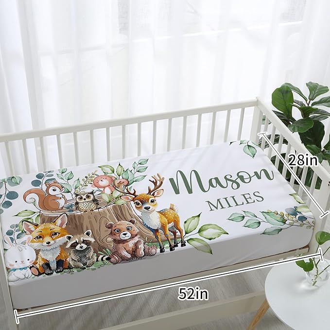 Personalized Baby Crib Bedding Set for Baby Boys Girls, Animal Stump Pattern Custom Name Baby Crib Sets 5-Pcs, Toddler Double Layer Blanket Fitted Sheets Changing Pad Cover Rug Wall Art Set