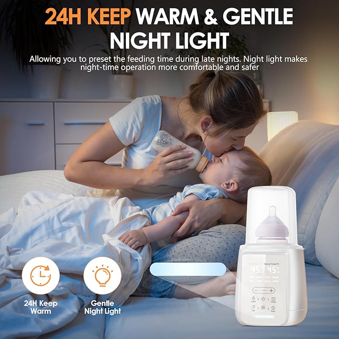 Baby Bottle Warmer, Fast Baby Milk Warmer with Timer, 8-in-1 Baby Milk Warmer with Digital Display, Night Light for Nighttime Breastfeeding, Bottle Warmer for All Bottles with Sterilizing Keep Warm