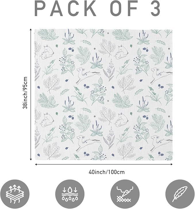 Muslin Swaddle Blankets for Newborn, 3 Pack Breathable Soft Receiving Blanket, Large 38 x 40 inches Swaddle Wrap Burping Clothes Diapers, Essentials Infant Shower Items, Toddler Gift (Fawn & Leaves)