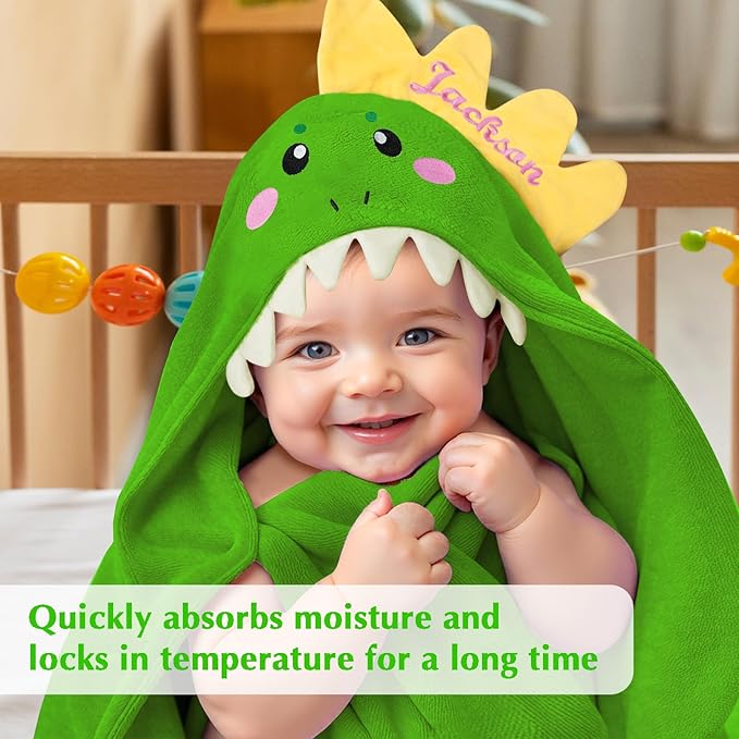 Custom Hooded Bath Towel with Name, Personalized Highly Absorbent Bunny Towels, Baby Bath Towels for Girls Boys, Brithday for Baby, Toddler, Newborn (Green-Dinosaurs)