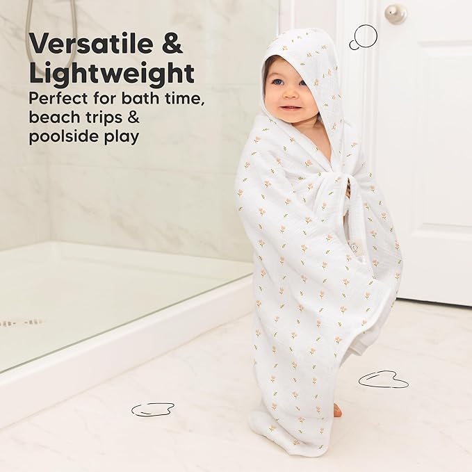 KeaBabies Muslin Baby Bath Towels with Hood for Girls, Boys -Large Organic Cotton Hooded Baby Towels for Newborns,Toddlers,Infant,Kids,Soft Absorbent Newborn Bath Essentials Gift Set(Tulips, Petite)