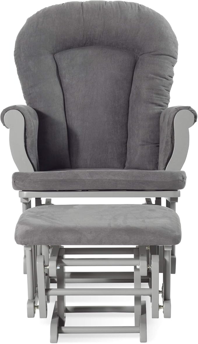 Child Craft Cozy Glider Rocker and Ottoman Set, Padded Cushion with Convenient Storage Pockets, Solid Wood Base & Frame (Cool Gray with Dark Gray Cushion)
