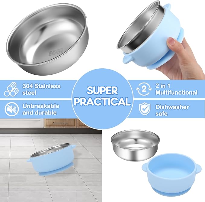 2 Pack Stainless Steel Baby Bowls with Removable Non-Slip Silicone Suction Shell, Anti Scald Food Container for Baby Food Feeding-Skyblue & Red