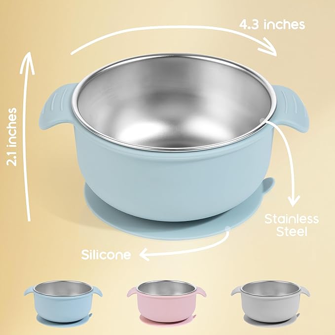Bella's Friends Stainless Steel and Silicone Baby Bowls with Suction 3 Pack, 4.3” for Toddlers Kids Feeding, Non-Slip, Non-Toxic, Mess-Free, Dishwasher Safe, Fit High Chair Size, light pink blue gray