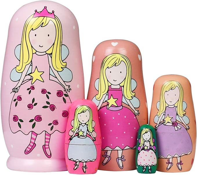 5 Pieces Cute Nesting Dolls Matryoshka Doll Russian Handmade Wooden Dolls Cartoon Angel Girl Pattern Toy Gift 6" Tall