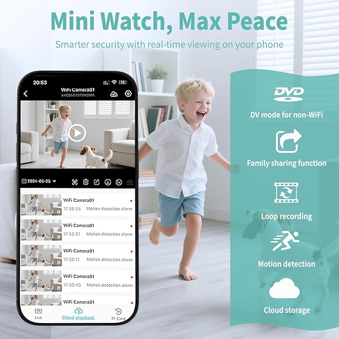 Security Camera, Nanny Cam Hidden Camera for Home | Smart Indoor Security Camera with Free Cloud & SD Storage, WiFi or No WiFi Cam for Baby/Pet/Nanny Monitoring, Portable Design