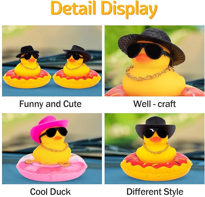 wonuu Car Rubber Duck, Yellow Duck Decoration Dashboard with Sun Hat Swim Ring Necklace Sunglasses for Car Dashboard Decorations