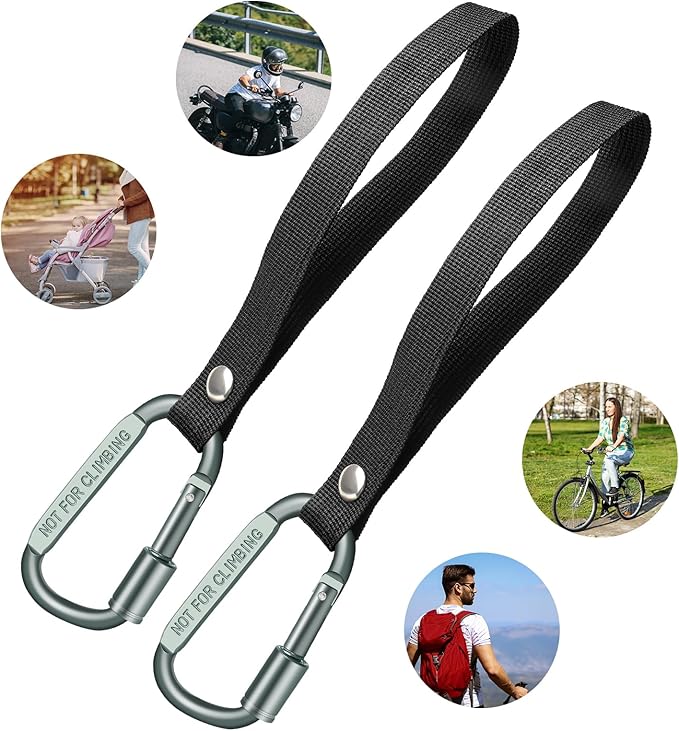 Stroller Hooks for Bags with Locking Stroller Carabiner Clip – Heavy-Duty Hooks for Diaper Bags, Groceries, Backpacks on Strollers, Bikes & Shopping Carts (Grey, 2 Pieces)