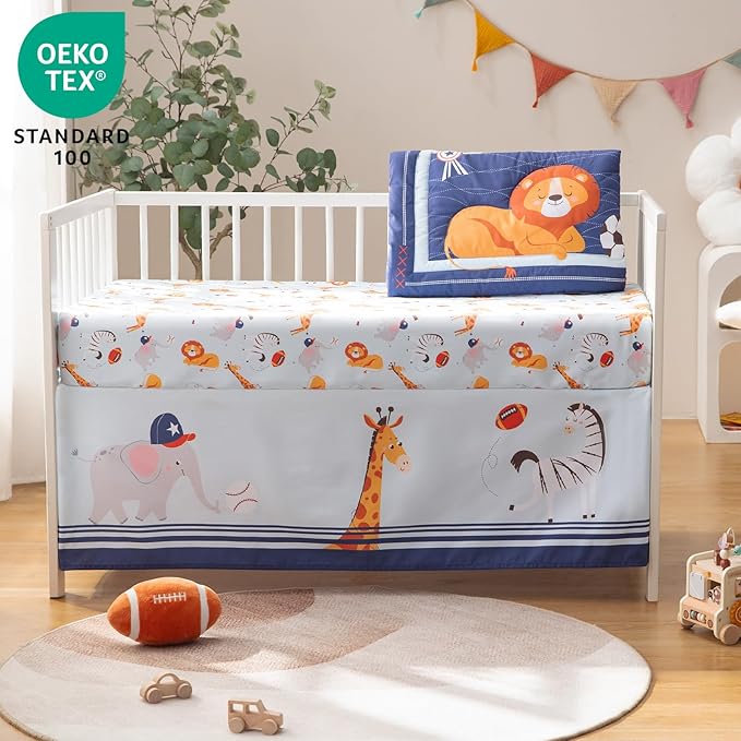 4 Piece Crib Bedding Set for Boys Girls, Infant Toddler Nursery Baby Bedding Sets Includes Cartoon Quilt, Fitted Crib Sheet, Crib Skirt and Plush Football Toy (MVP)