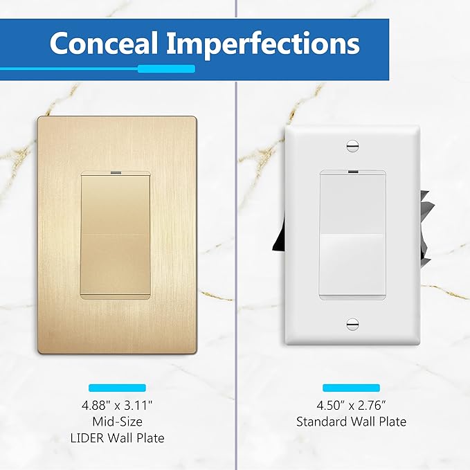 LIDER Brushed Finish Decorator Switch Cover, Screwless Wall Plate, Mid-Size 1-Gang 4.88" x 3.11", Unbreakable Polycarbonate Thermoplastic, UL Listed, LSWP-31M-BGD, Brushed Gold