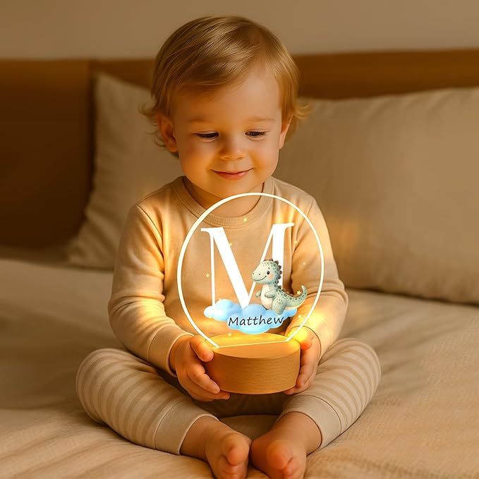 Custom Baby Gift Night Light for Baby Boys Girls Nursery Decor, Personalized Initial Name LED Night Light with Wooden Base, LED Color-Changing Lamp for Toddlers Kids 2
