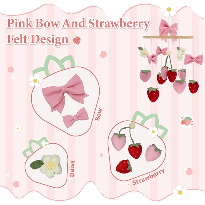 Strawberry Mobile for Crib Handmade Felt Nursery Decor Crib Mobile Goose for Bassinet Baby Shower Newborn Baby Gift (Bow Strawberry)