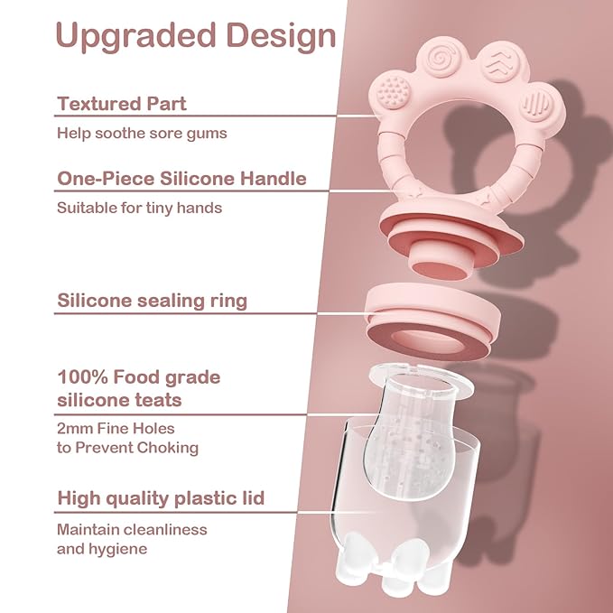 2 Pack Baby Fruit Food Feeder+Breastmilk Popsicle Molds,Baby Teethers,BPA Free,2mm Fine Holes to Prevent Choking,Perfect for Teething Relief & Infant Solid Food Introduction,3M+（Mauve Pink, Soft Pink）