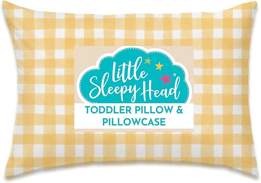 Little Sleepy Head Toddler Pillow with Pillowcase 13x18 - Kids Pillow for Sleeping - Better Neck Support Ergonomic Pillow and Toddler Pillowcase - Best Pillows for Kids (Gingham Yellow)