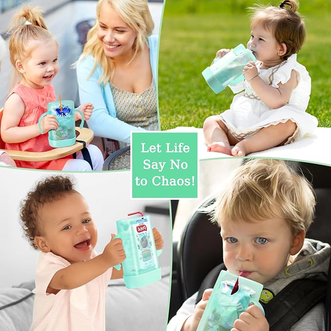 MOMUSE Dual-Lid Squeeze Pouch Holder for Food Pouches & Drink Boxes, Baby Pouch Holder with Larger Capacity, Versatile Design for Self-Feeding, Anti-Squeeze Pouch Holder No Spill No Mess, Pink & Green