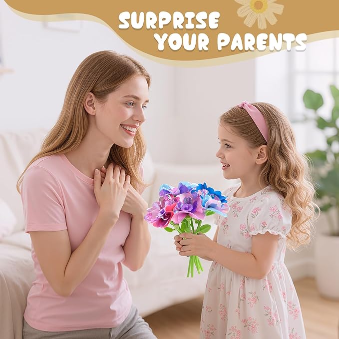 Scvcid DIY Art Flower Toys Include Extra Accessories Set, Arts and Crafts Activity Kit for Kids Ages 3-12, Fabric Bouquet Craft for Toddler, Birthday Gifts for 3 4 5 6 7 8 9 10 11 12 Year Old Girls