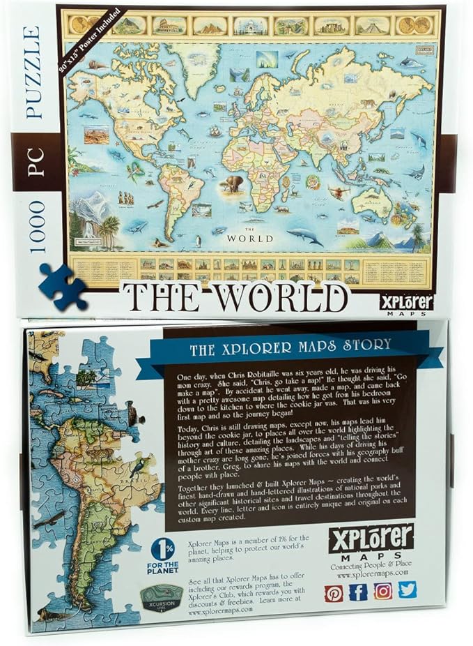 The World Map Cardboard Jigsaw Puzzle - 1000 Pieces Hand-Illustrated - Educational, Family Activity, Ages 8+, Includes Poster - 25.4 x 19.8