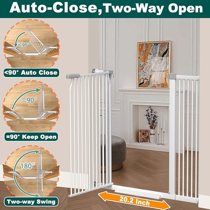 Fairy Baby 40.5" Extra Tall Baby Gate, 72.3"-76.7" Extra Wide Long Pet Gate, Metal Auto Close Safety Child Gate Indoor, Pressure Mounted Dog Gate No Climb Fence for Stairs Doorways Kid or Pet, White