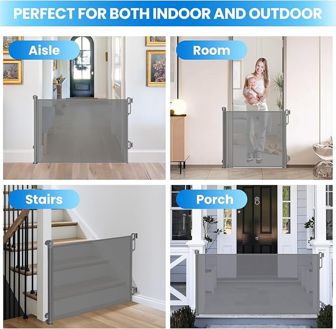Retractable Baby Gate for Stairs & Doorways - 55" Wide Portable Safety Gate | Fits Baseboards, Easy to Use Indoor/Outdoor | Mesh Gate for Dogs, Puppies, Gray