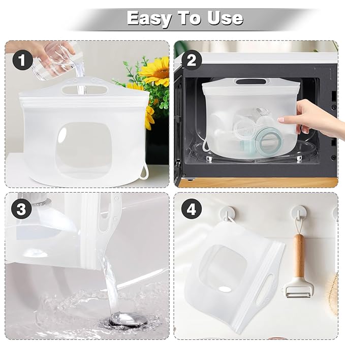 2L Silicone Microwave Steam Sterilizer Bag for Baby Bottles, Reusable Sterilizing Bag for Breast Pump Accessories, Pacifiers and Teethers, Great for Home and On-The-Go