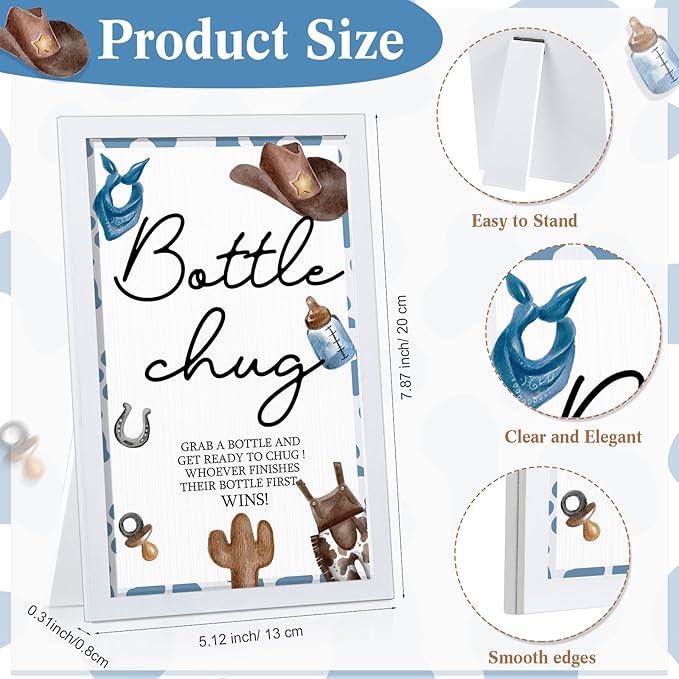 Roowest Bottle Chug Baby Shower Games Sets Including 18 Pcs Feeding Bottles with 1 Bottle Chug Wooden Sign for Gender Reveal Baby Shower Party Supplies(Blue,Cowboy)