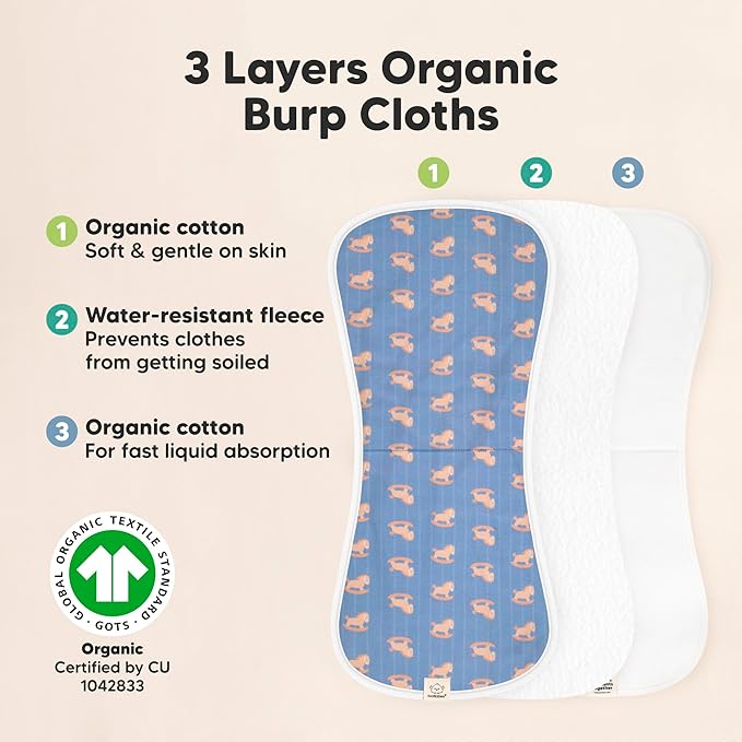 Organic Burp Cloths Baby Boy & Girl - 5-Pack Super Absorbent Cotton Burping Cloths for Babies, Soft & Plush Newborn Spit Up Rags, Infant Towels for Milk Spit Up, Unisex, Large 21" x 10" (Toy Land)