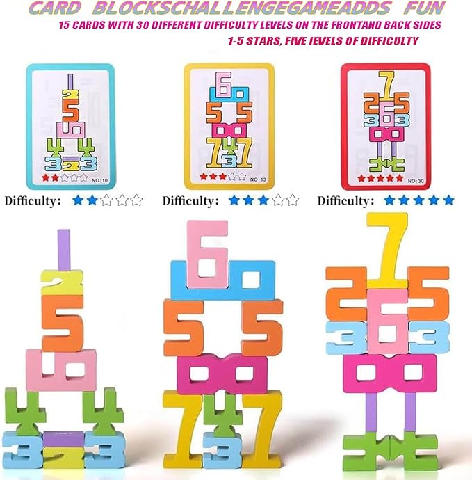 Wooden Number Building Blocks -20PC,Digital Building Blocks,Stacking 1-10 Number BlocksToy for Kids,Balance Competition Game, Math Learning Educational Gift for 3+ Years Old Boys Girls
