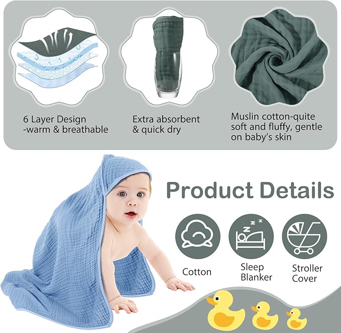 Peryiter 6 Pcs Muslin Hooded Baby Towels, 32"x 32" Cotton Newborn Bath Towel Muslin Infant Baby Blankets Absorbent Unisex Newborn Registry Gift Essentials for Girls Boys (Blue Series)