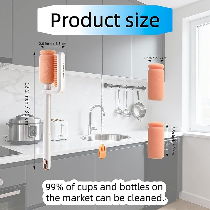 Bottle Brush Cleaner, 3-in-1 Water Bottle Cleaner Brush Straw Nipple Bottle Cleaner Brush Set Long Handle Bottle Cleaning Brush for Washing Tumblers, Sport Bottles, Cup Lid Cleaning Brush White