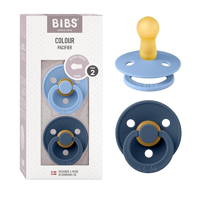 BIBS Colour Baby Pacifier 2-Pack | Made in Denmark | BPA Free Dummy Soother, Round Nipple. Natural Rubber Latex, Size 2 (6-18 Months), Sky Blue/Steel Blue