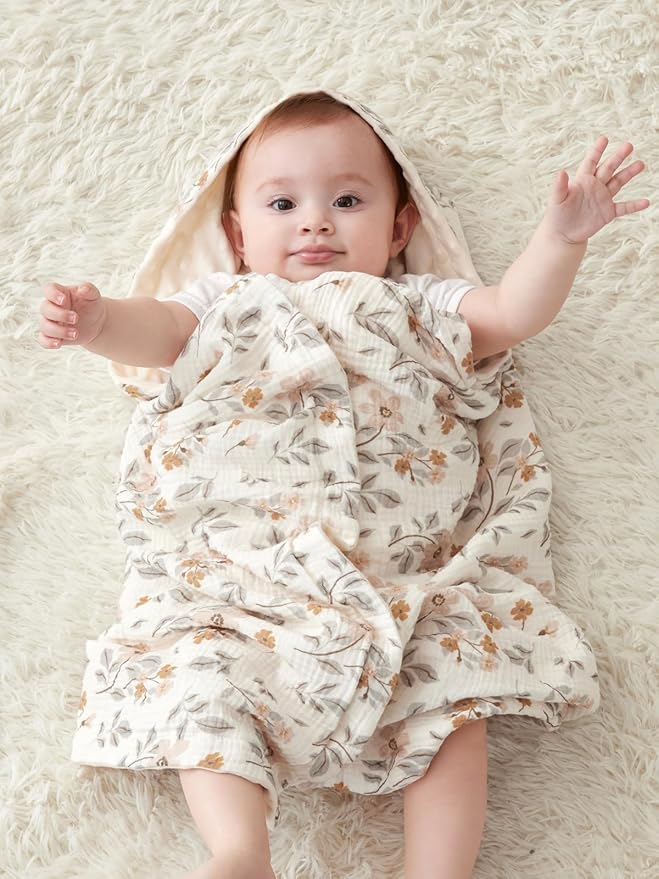 TILLYOU Baby Blankets for Girls Boys, Receiving Baby Blanket with Double Layer Soft Plush, Minky Muslin Cotton Front and Dotted Backing 30"x40", Yellow Flower