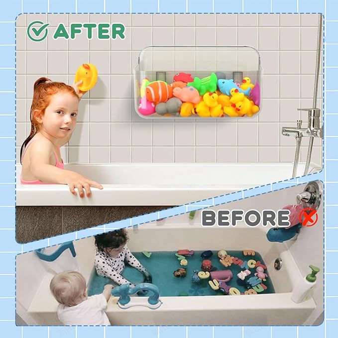 Bath Toy Storage Holder for Bathtub 1pcs, Large Capacity Clear Bath Toy Holder,Staple Free Sticky Bath Toy Organizer,Suitable for Bathroom Toy Organisation and Storage