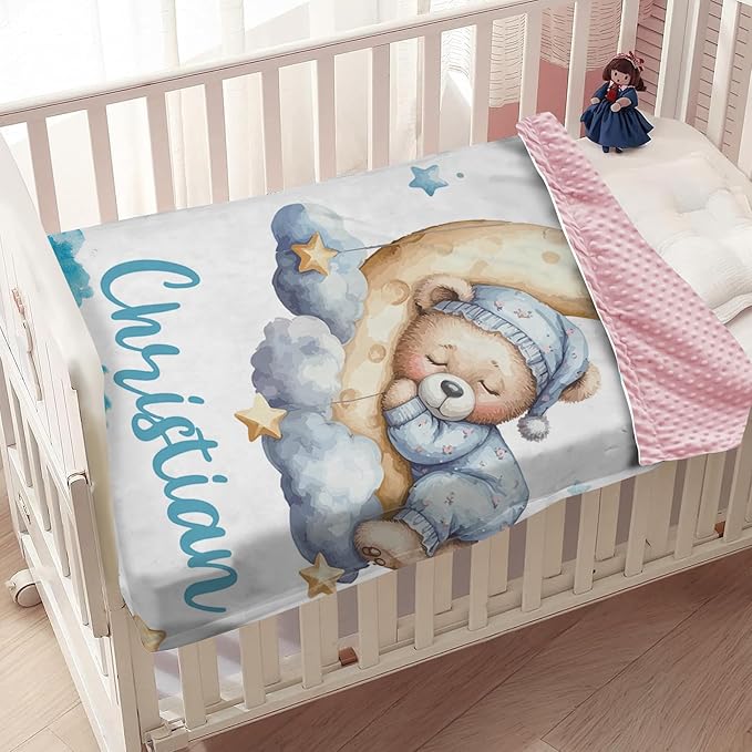 Customized Baby Blanket, Personalized Newborn Blankets with Name, Soft Receiving Blanket for Boys Girls, Blue Bear Double Layer Dotted Swaddle, Nursery Toddler Baby Shower Infant Gifts(47"x60")