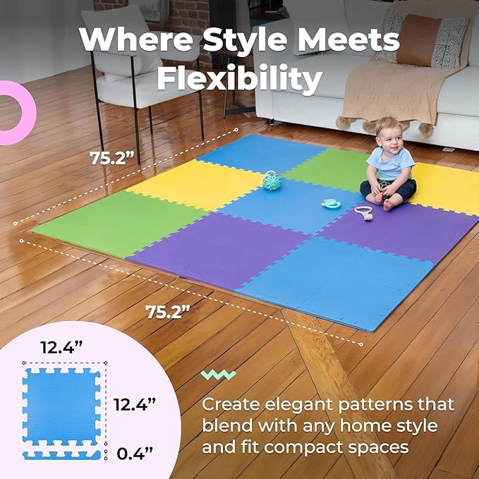MioTetto Baby Play Mat, Soft Foam Floor Tiles for Kids. Adjustable Interlocking Foam Tiles, Fits with 74x74 Playpen Baby mat for Crawling & Development, Safe & Non-Toxic Playmat for Babies 6-12 Months