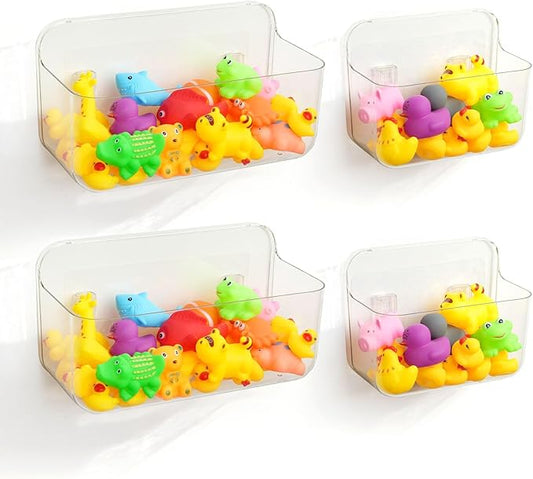 Bath Toy Storage Holder for Bathtub 4pcs, Large Capacity Clear Bath Toy Holder,Staple Free Sticky Bath Toy Organizer,Suitable for Bathroom Toy Organisation and Storage