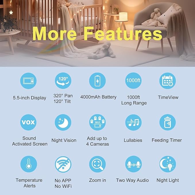 HelloBaby 720P 5.5'' HD Baby Monitor with Camera and Audio No WiFi, Video Baby Monitor, Remote Pan Tilt Zoom Wide View Range, 1080P Infant Camera, Night Light, Hack Proof, 4000mAh Battery, 1000ft