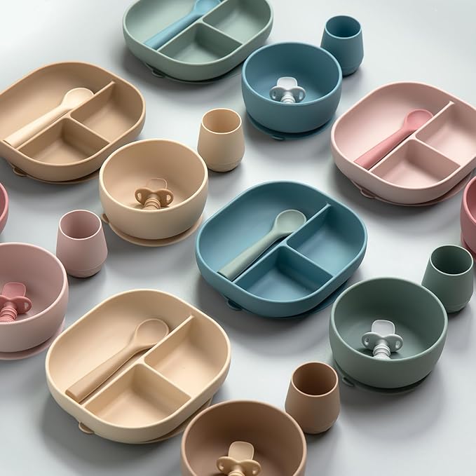 SAMiGO Silicone Baby Bowl and Spoon Set with Suction and Lid, First Stage Self Feeding Essentials, Food Bowl for 6+ Months