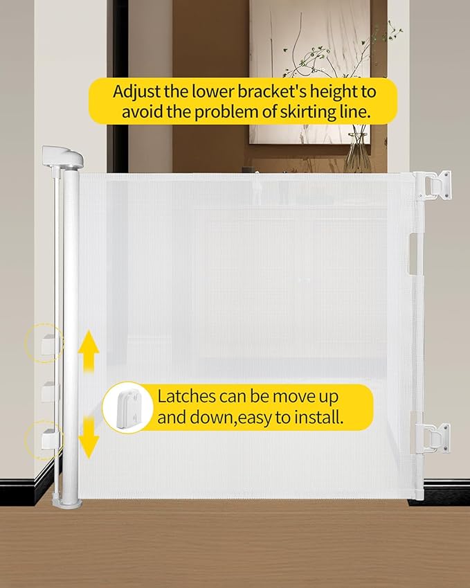 Retractable Baby Gate for Stairs – 33” Height, Expands up to 55” Width – Safety Gate for Infants, Toddlers, Dogs & Pets – Easy Install, Secure Closure, White Mesh Design for Indoor & Outdoor Use