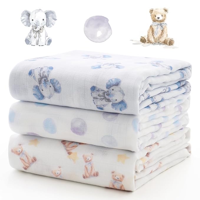 Momcozy Muslin Best Wishes Swaddle Blankets, Ultra Soft Neutral Registry Essentials, Whispering Bears & Elephants, Breathable Large 47'' x 47'' Newborn Boys Girls Receiving Blanket