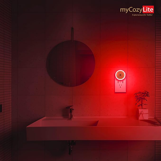 myCozyLite Red Light Night Light, Night Lights Plug into Wall 2 Pack, Dusk to Dawn Sensor, Light for Sleep, Red Nightlight for Bedroom, Bathroom, Kids Room, Nursery, Kitchen, Hallway, Stairway, Round