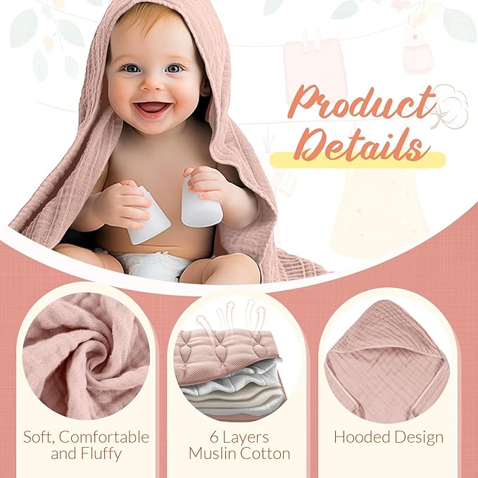 VitalCozy 8 Pcs Baby Muslin Hooded Bath Towels and Washcloths, 32 x 32 Inch Muslin Cotton Hooded Baby Towels Absorbent Hooded Blankets for Gift Newborn Infant Shower (Pink,White)