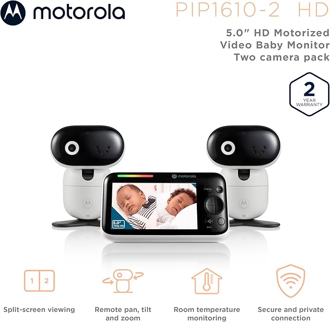 Motorola Nursery Video Baby Monitor with 2 Cameras, 5" Screen HD, No WiFi, Wall Mount, Long Range, 2-Way Audio, Temperature Sensor, Motorized, Lullabies, Cry Detection, PIP1610-2 HD