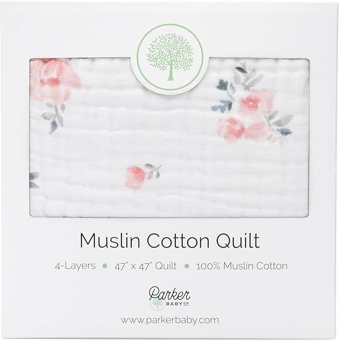 Parker Baby Muslin Blanket | 100% Soft Cotton Toddler Quilt & Baby Muslin Swaddle | Gender Neutral Design 47" x 47" Blanket