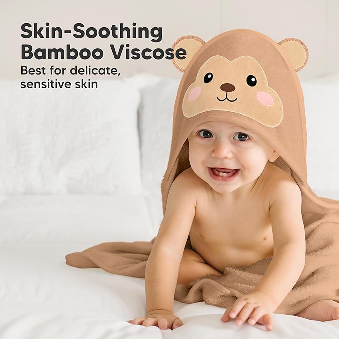 KeaBabies Hooded Baby Towel for Newborn - Viscose Derived from Bamboo Large Baby Bath Towels with Hood for Boys, Girls, Toddler, Extra Absorbent & Soft Newborn Bath Essentials (Monkey, Regular)