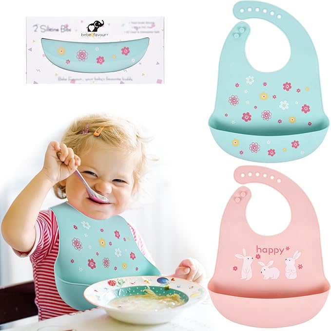 2 Pack Silicone Baby Bibs Adjustable Fit Waterproof Bib With Leak Proof Food Pouch Catcher for Eating Boys Girls