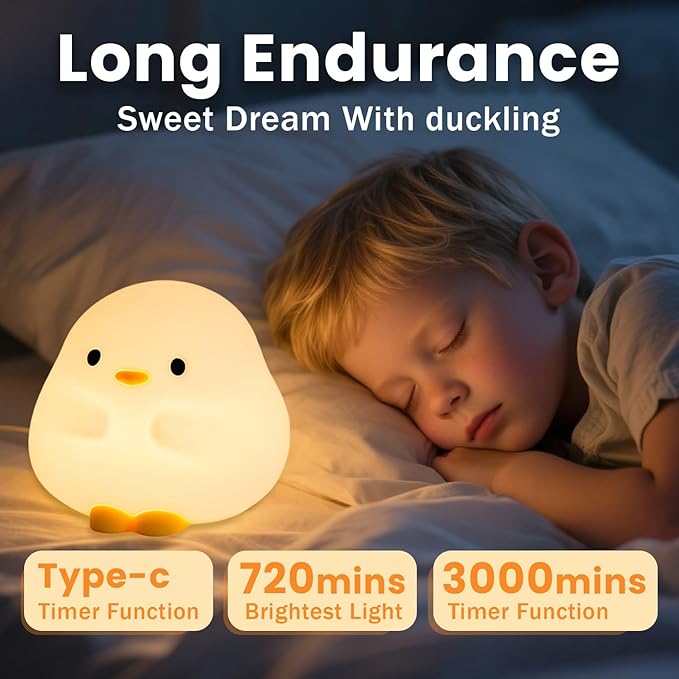 Cute DuDu Duck Night Light, Silicone Duck Lamp Light, Squishy Led Lamp, Rechargeable Dimmable Animal Nightlight with 30 Minutes Timer & Touch Control for Bedroom Living Room Gift Decor