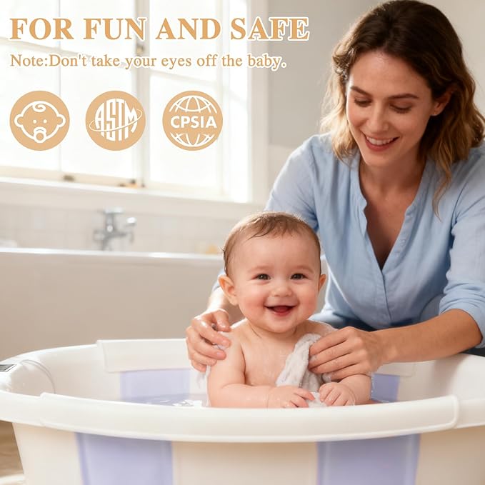 Baby Bathtub, Baby Bath Tub with Thermometer & Soft Cushion, Collapsible Infant Bathtub for Newborn to Toddler 0-36 Months, Quick Use & Portable for Travel(Purple)