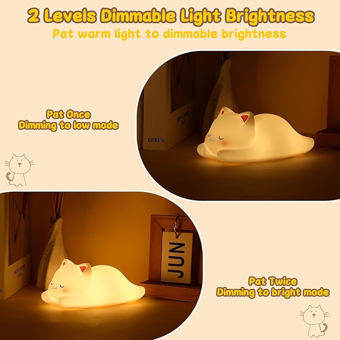 Tremdwoto Cat Night Light for Kids,Cute Colorful Night Light Baby Girl Squishy Night Lights Lamp 1/3 Hour Timer Kitty Light Dimmable Nursery Nightlight,Children's Room Decor，Gifts for Boys and Girls