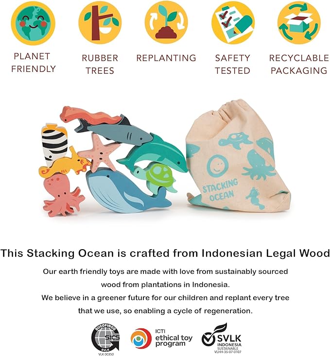 Mentari Toys - Happy Stacking Ocean - 9pc Wooden Stacking Toy for Toddlers - Colorful Sea Themed Balancing Activity Toy with Bag - Boost Fine Motor Skills and Dexterity - Educational Toy - Age 18m+